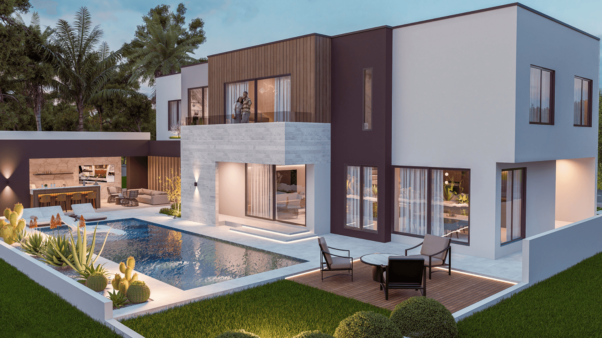 Modern house with pool and outdoor furniture.