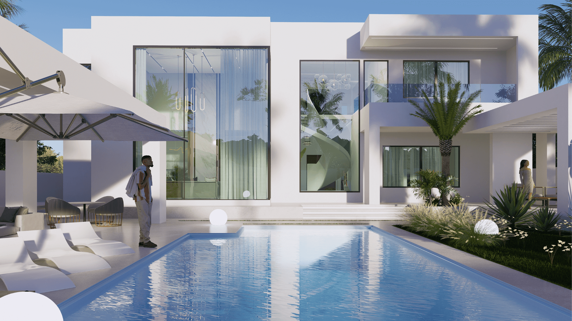 Modern white house with a pool and outdoor furniture.
