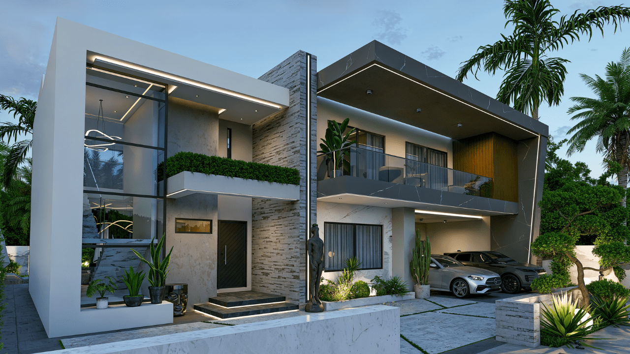 Modern house with glass walls and a car parked in front, surrounded by palm trees.