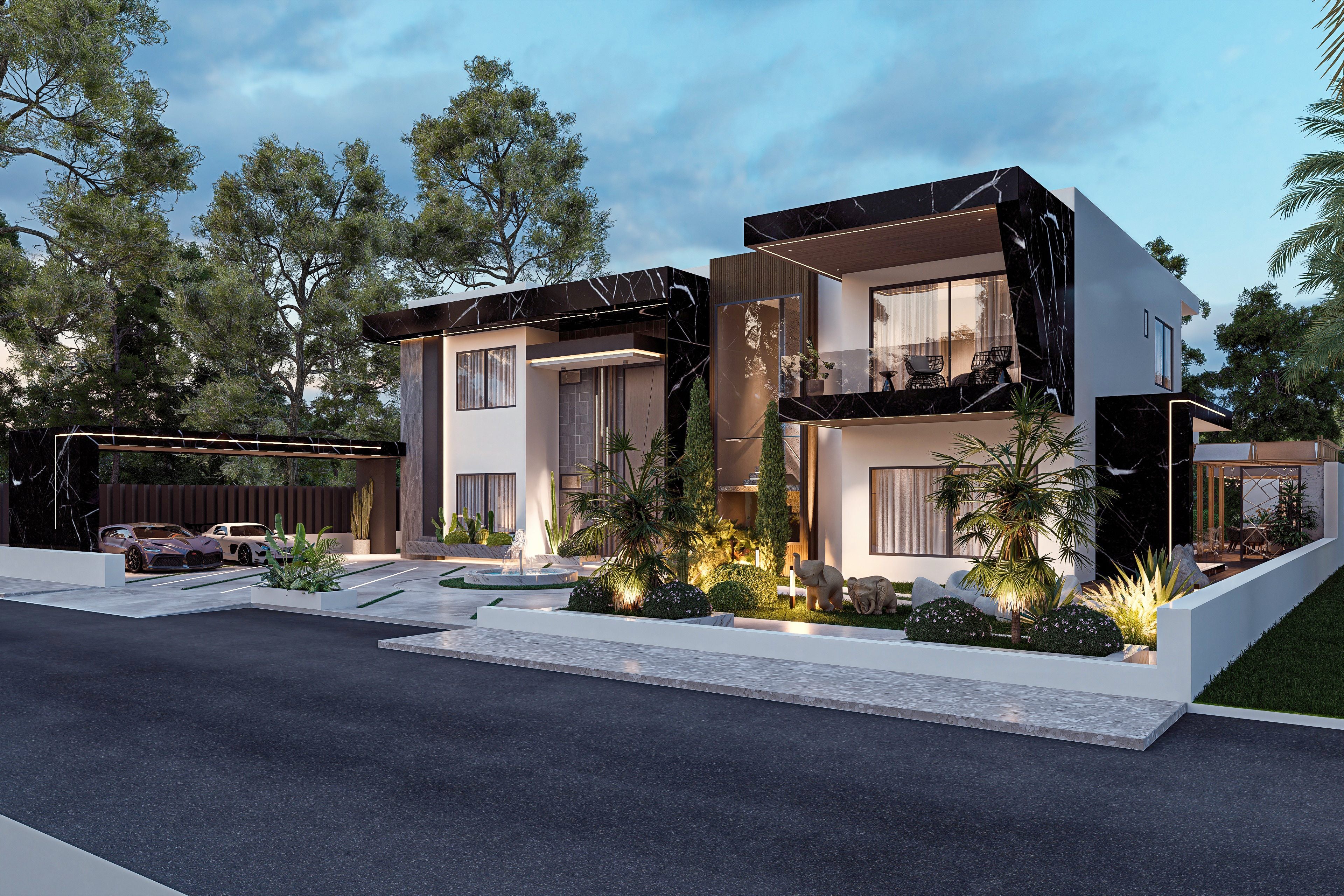 Modern house with a driveway and garden area, surrounded by trees.