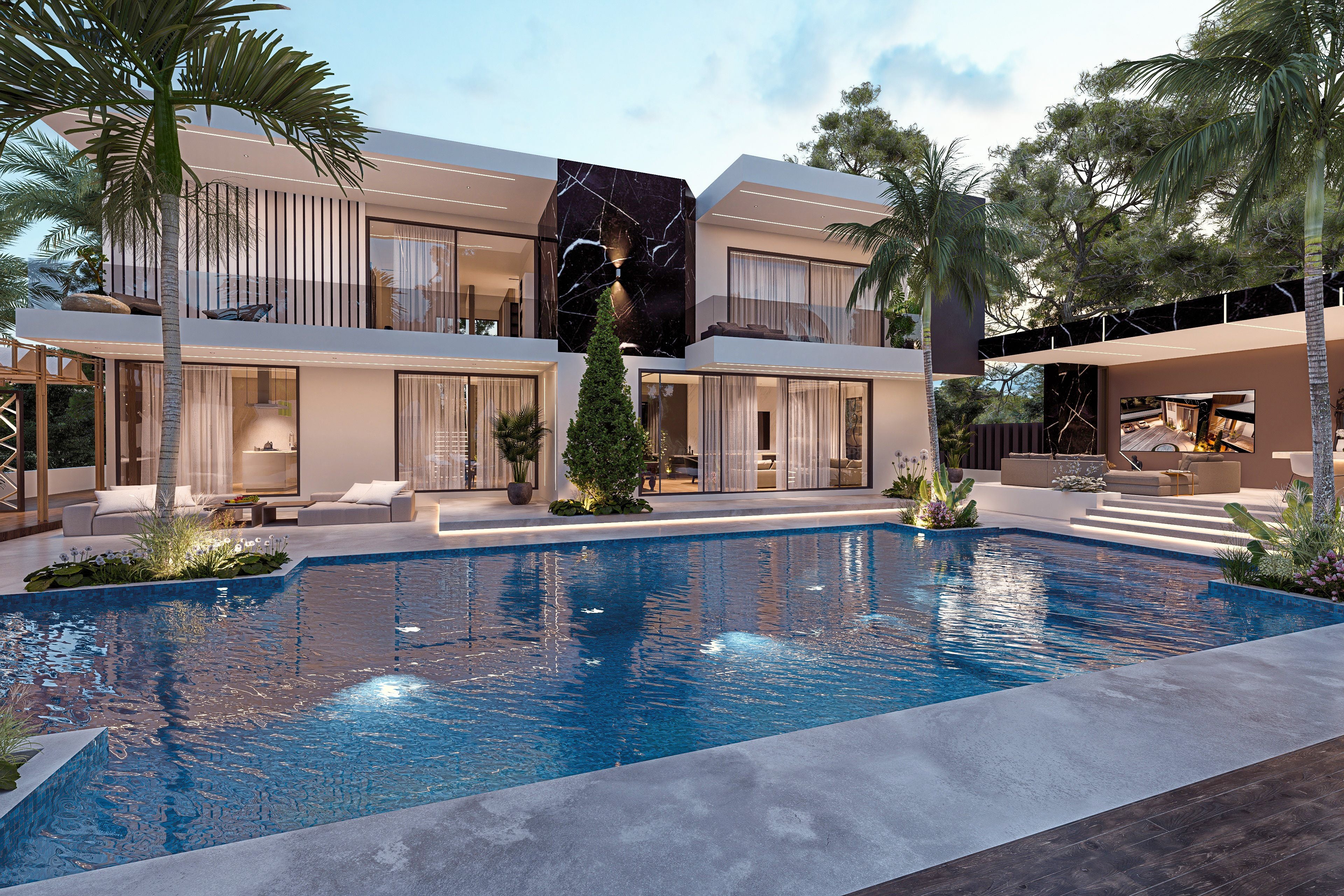 Modern house with a pool and palm trees.