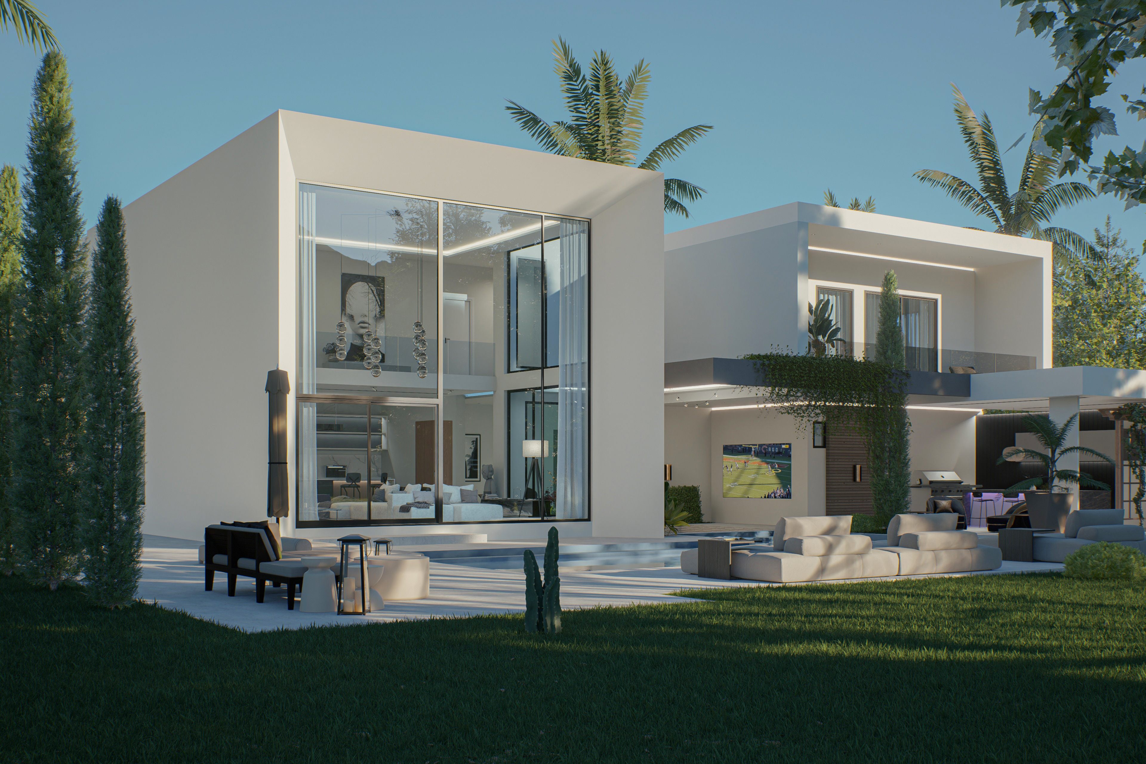 Modern house with large glass windows and a well-maintained garden.