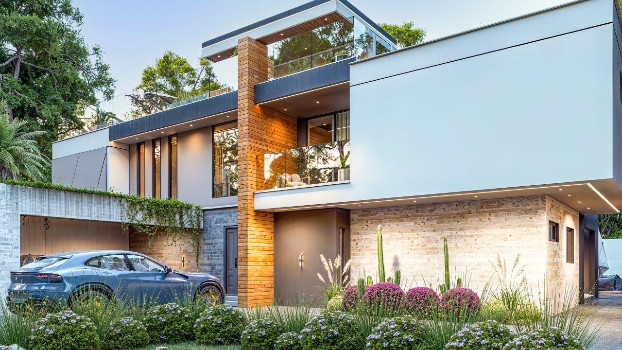 Modern house exterior with a car parked in front