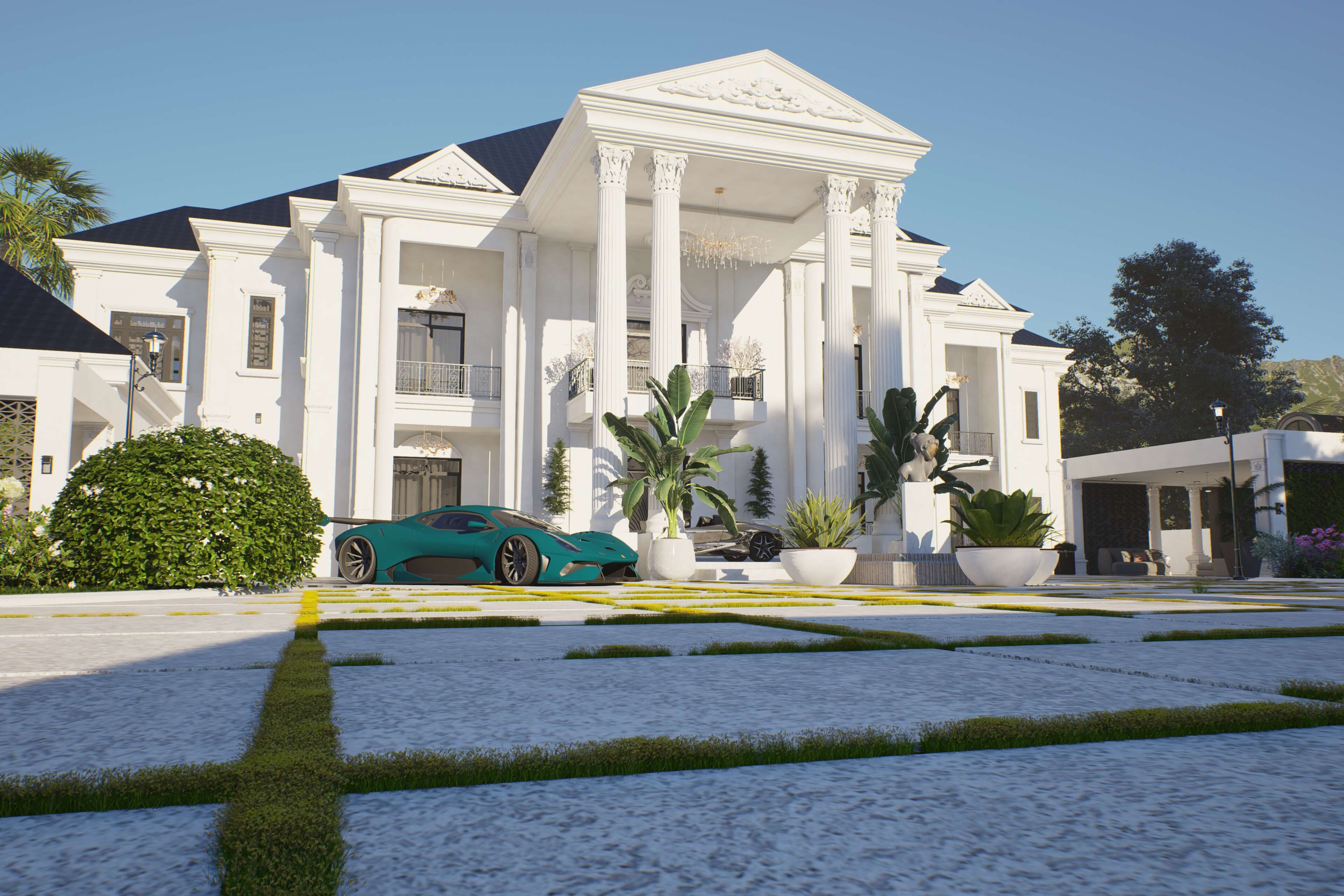 Luxurious white mansion with a green sports car parked in front on a clear day.