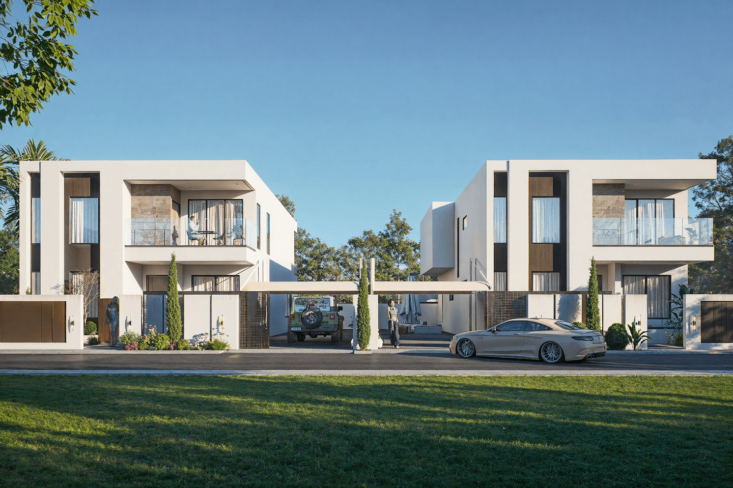Modern architectural design with a car parked in front of a building.