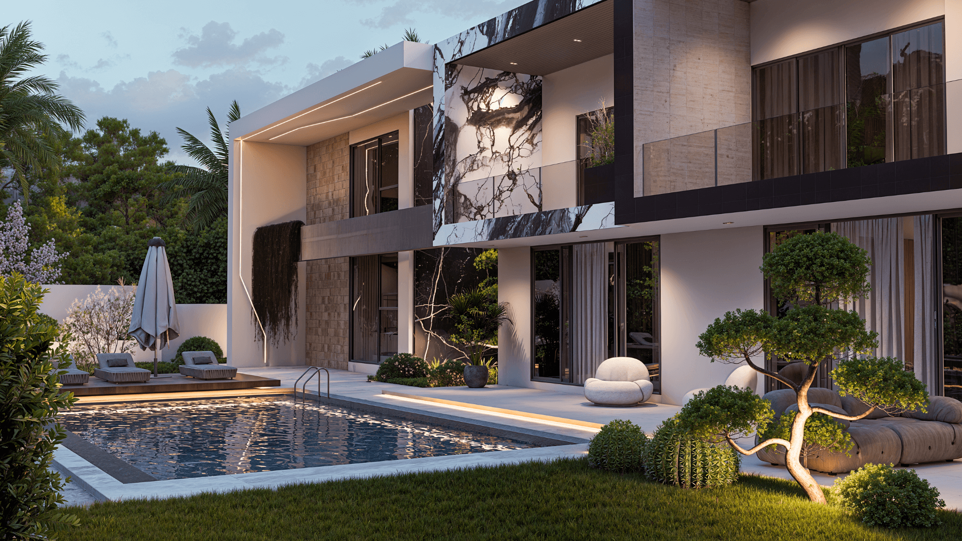 Modern house with a pool and garden at dusk.