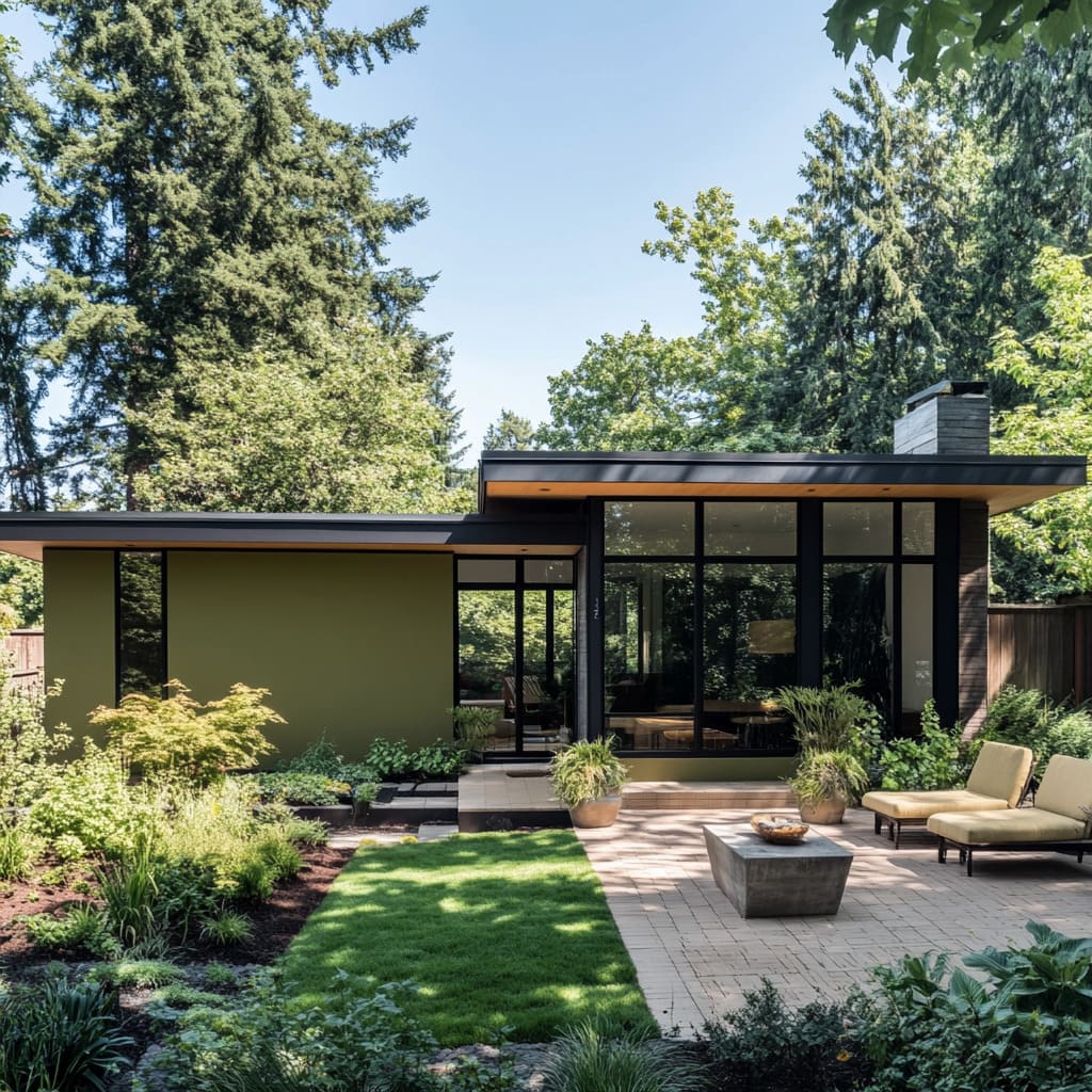 Modern house with a garden and outdoor seating area.
