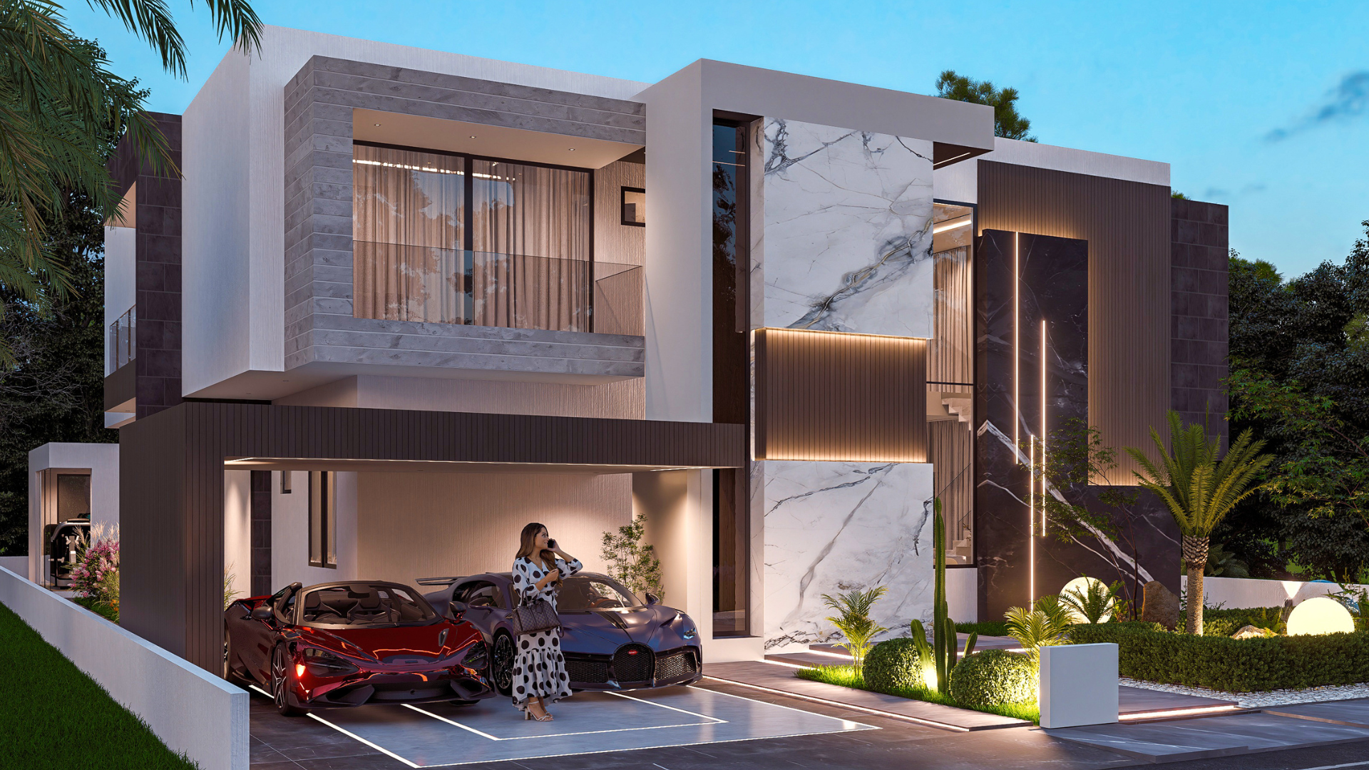 Modern house with luxury cars in a driveway.
