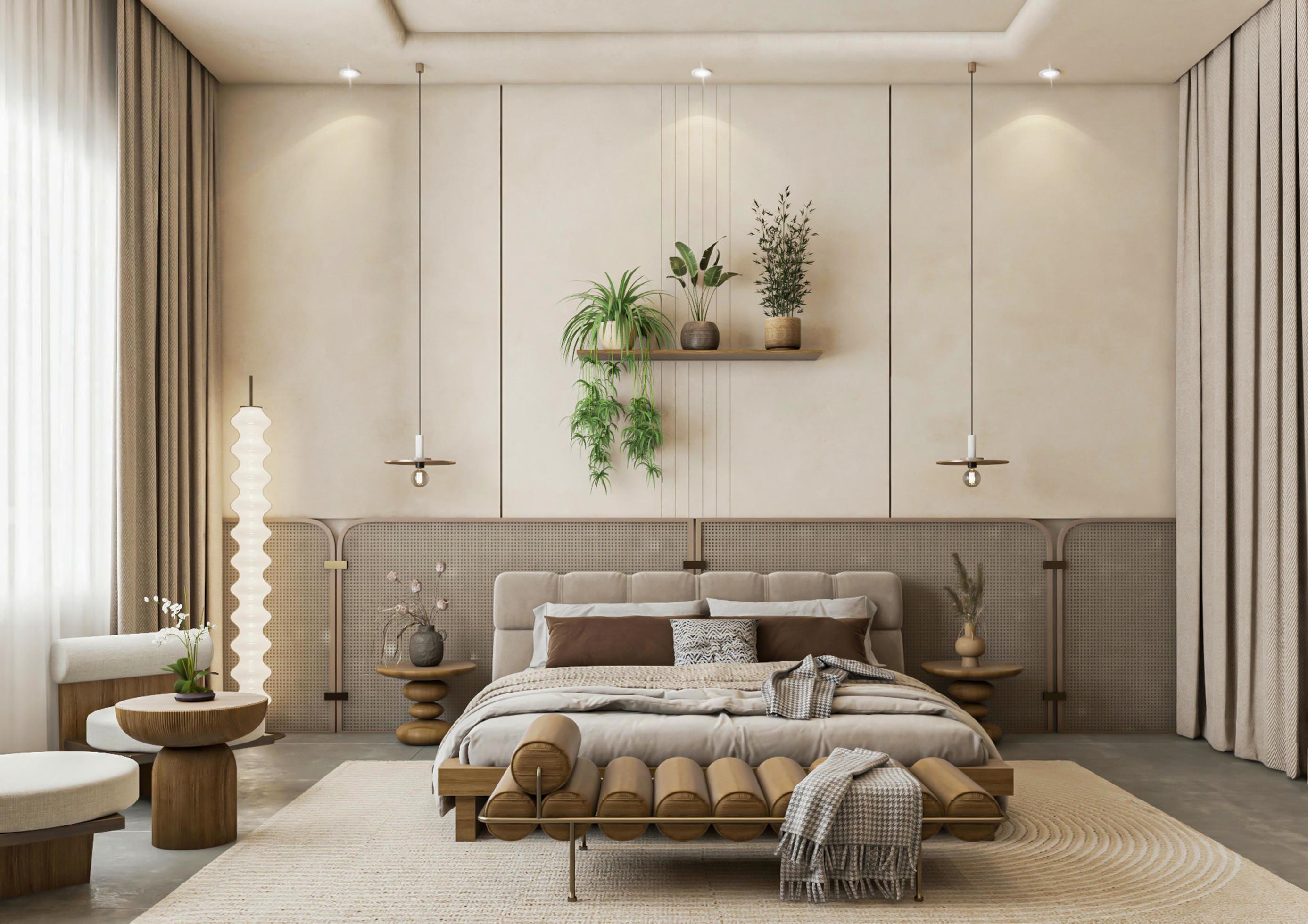 Modern bedroom with a bed, side tables, and decorative plants.